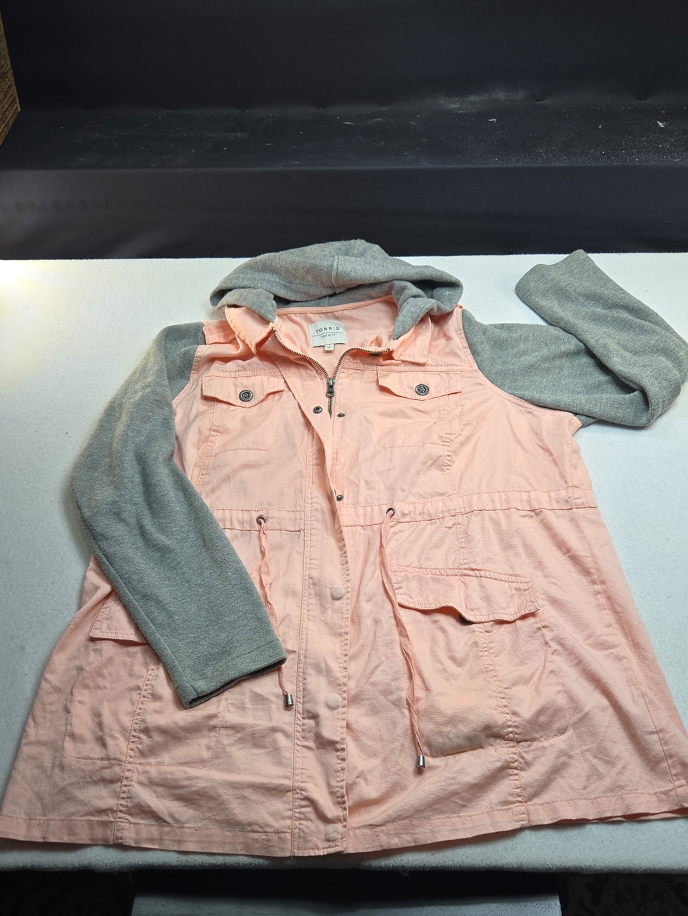 Torrid Peach Utility Jacket with Gray Knit Hood & Sleeves
